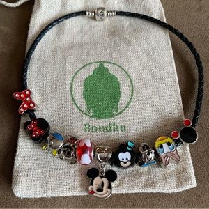Pandora Leather Double Bracelet Necklace with w/ Disney Mickey Mouse Theme Charm